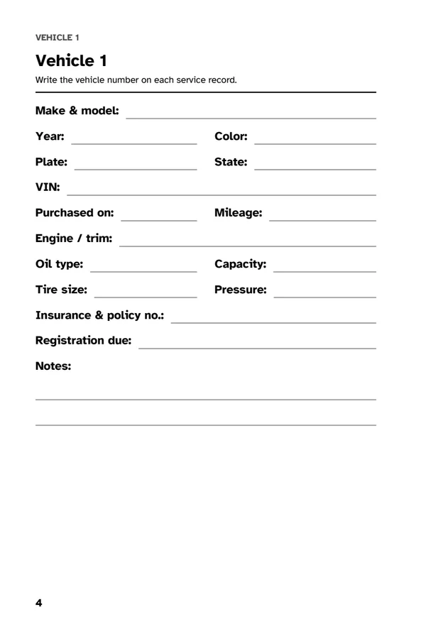Vehicle Maintenance Log: Vehicle page